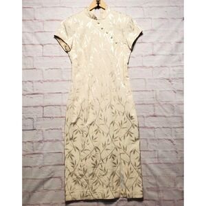VTG P.J. Klein Dress Womens 6 Cream Floral Jacquard Sheath Mandarin Collar 90s